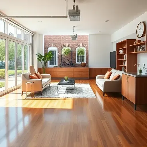 Modern Charleston garage conversion with hardwood floors, contemporary furniture, large windows, historic brick exterior, lush greenery