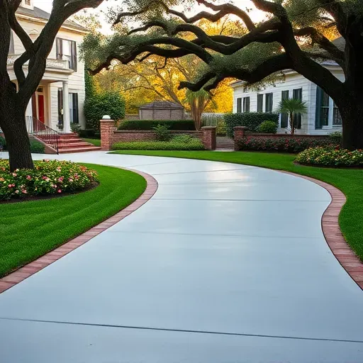 Freshly completed smooth concrete driveway with sharp edges in Charleston SC surrounded by lush landscaping and historic architecture