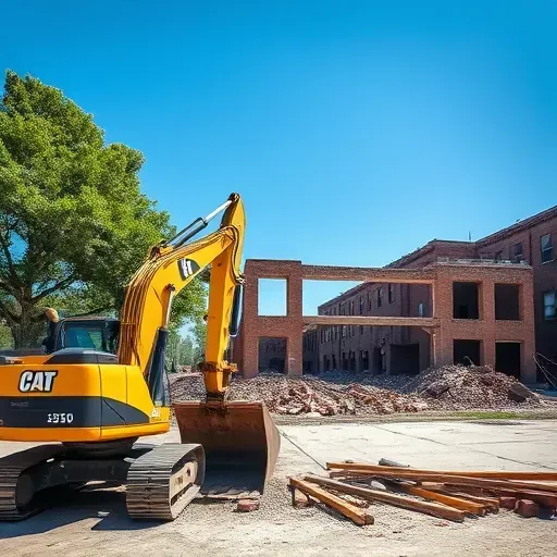 Demolition site in Clemson SC with cleared land, debris, heavy machinery, and surrounding trees against a blue sky.