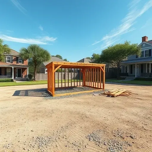 Recently demolished shed in Charleston SC with cleared level ground, neat debris, and Charleston-style homes in bright sunlight