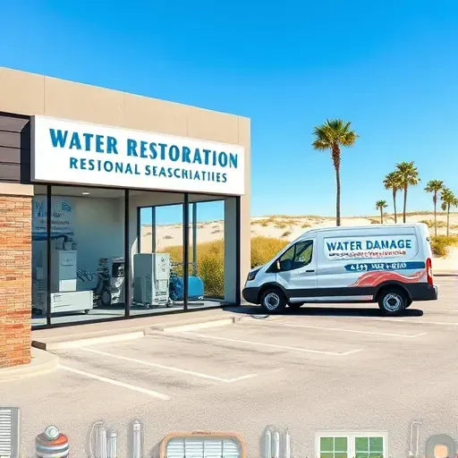 Modern water damage restoration storefront in Myrtle Beach with equipment, service van, and coastal background