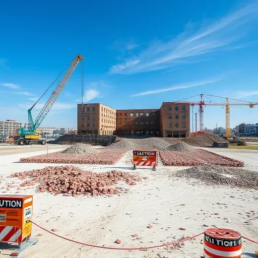 Completed demolition site in Myrtle Beach SC featuring piles of debris, cranes, and safety barriers under a clear sky.