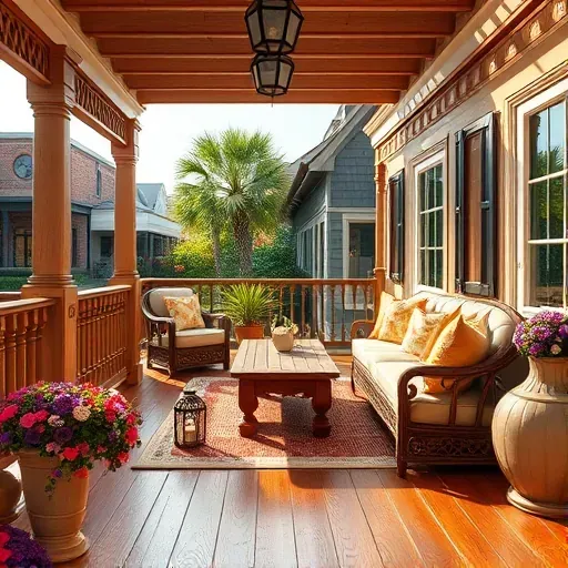 Beautiful Charleston porch with wooden lattice, polished floors, cozy seating, potted plants, hanging lanterns, and historic architecture