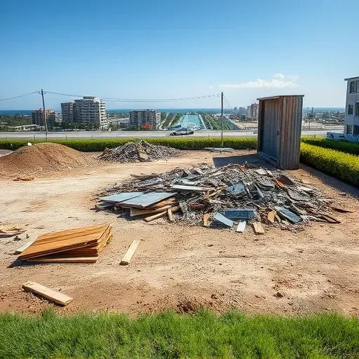 Demolished shed site in Myrtle Beach with debris, machinery footprints, lush landscaping, city skyline, and ocean view