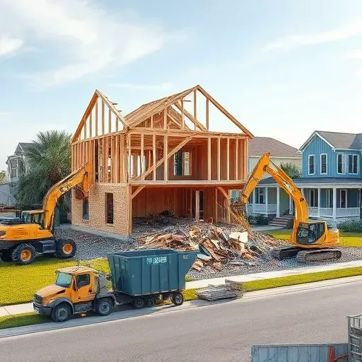 Demolition site in Charleston SC showing organized debris removal and heavy machinery in a quiet residential area.