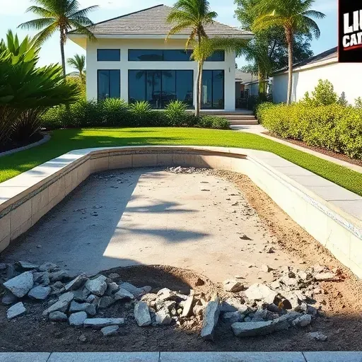 Completed Myrtle Beach pool demolition site with debris, rebar, organized rubble, lush landscaping, and modern house background