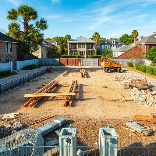 Recently demolished Charleston SC site with organized debris, machinery, neighbors' homes, sunny sky, and mature trees