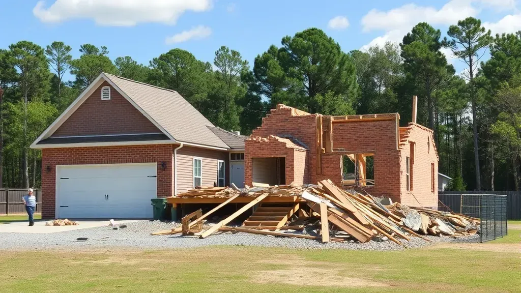 Demolition in Sumter SC, showcasing machinery and debris at the construction site.