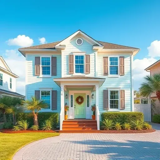 Charming Myrtle Beach coastal home with pastel exterior paint, detailed trim, shuttered windows, lush landscaping, and clear blue sky