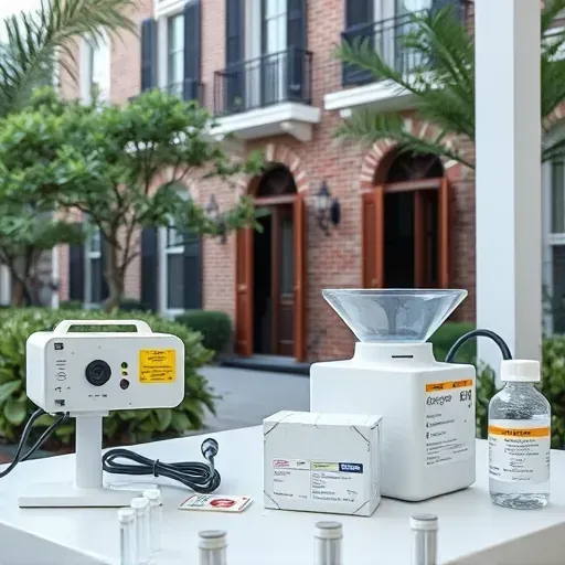 Detailed Charleston asbestos testing scene with equipment, modern building elements, brick facade, greenery, and professional workspace