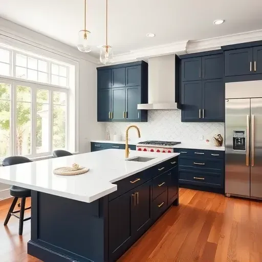 Modern Charleston kitchen with navy cabinets, brass hardware, white quartz counters, patterned backsplash, marble island and stainless steel appliances