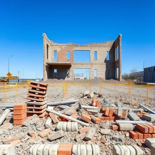 Demolition site in Taylors SC with debris, building outlines, safety barriers, and bright blue sky overhead.