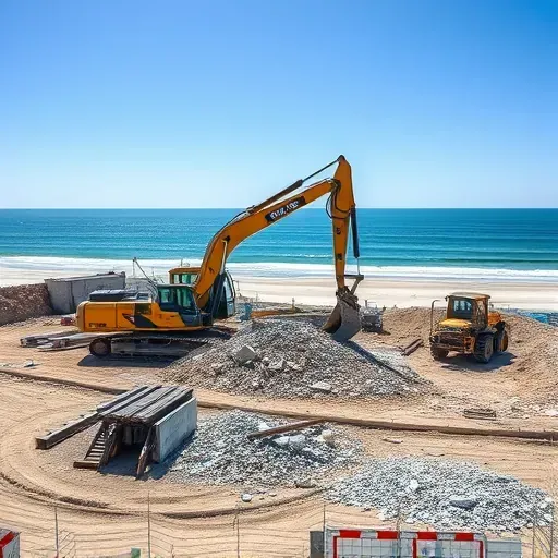 Completed demolition site in North Myrtle Beach SC with concrete debris, machinery, and a coastal backdrop under blue sky.