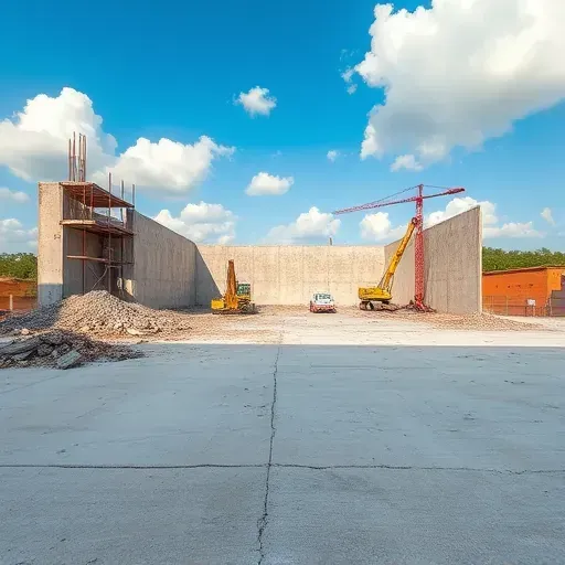 Completed demolition site in North Augusta SC with concrete rubble and scaffolding ready for new development.