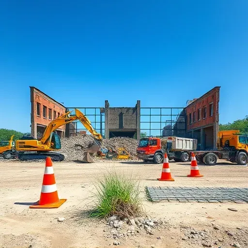 Completed demolition site in Wade Hampton SC featuring heavy machinery, debris, and safety measures under clear skies.
