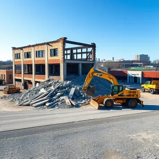 Demolition site in West Columbia SC with debris, machinery, blue sky, and distant commercial skyline.