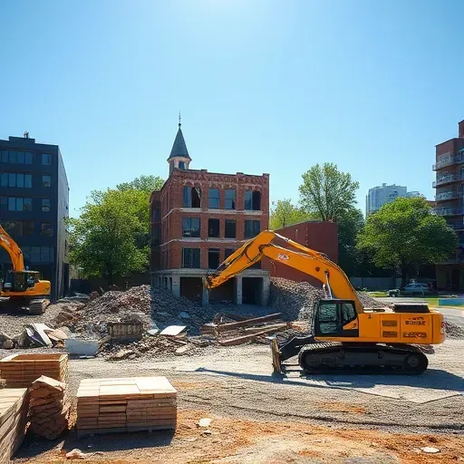 Demolition site in Greenville SC, cleared for construction with organized debris and machinery against a blue sky.