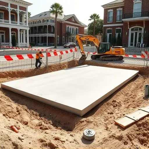 Clean excavated concrete removal site in Charleston with neat edges, heavy machinery nearby, surrounded by southern architecture
