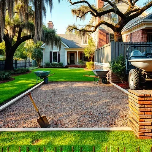 Freshly cleared Charleston backyard patio with leveled gravel foundation, lush landscaping, historic home, and organized tools