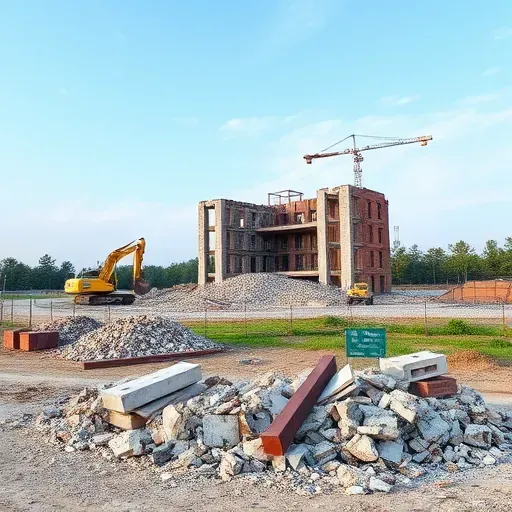 Completed demolition site in Sumter SC with rubble, steel beams, and excavators against a clear blue sky.