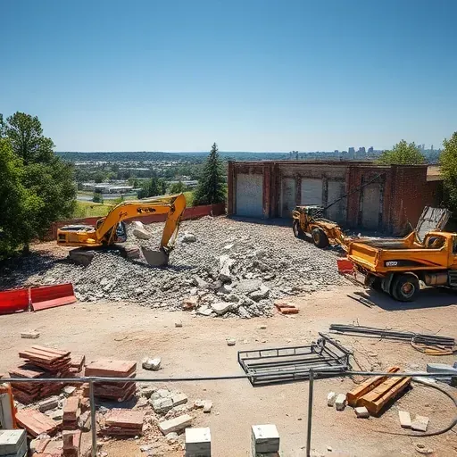 Demolition site in Clemson SC with rubble, construction equipment, and a clear sky showcasing urban transformation.