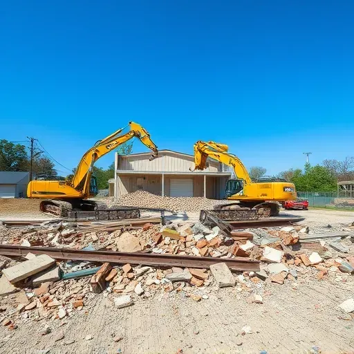Completed demolition scene in Spartanburg SC with arranged rubble and construction machinery under a clear blue sky.