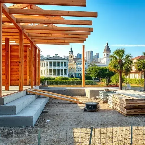 Demolished house in Charleston SC showing clear site, wooden beams, construction debris, and a blurred skyline backdrop.