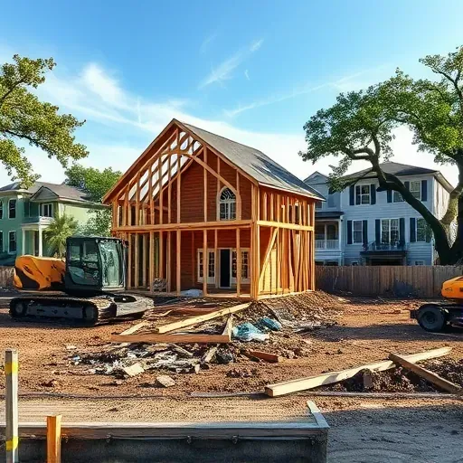 Demolition site in Charleston SC features heavy machinery and partially dismantled house amidst debris and greenery.