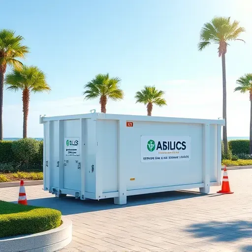 Pristine dumpster rental site in Myrtle Beach SC with clean dumpster, landscaped greenery, safety signs, and clear blue sky