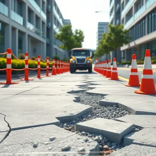 Completed concrete slab removal in Charleston SC with exposed rebar, gravel, safety barriers, and construction vehicle on bright day