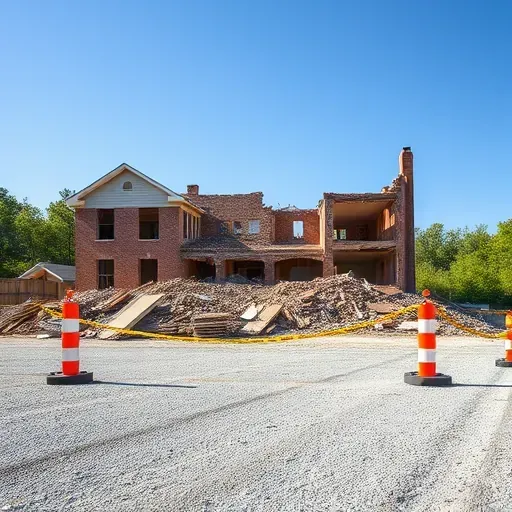 Demolition site in Goose Creek, SC, featuring a demolished residential building and neatly arranged debris under a blue sky.