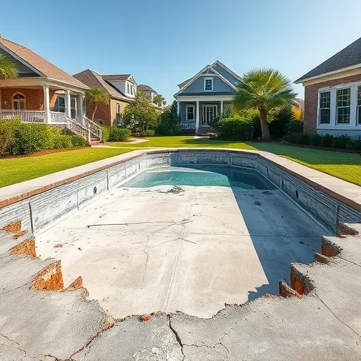 Cleared backyard in Charleston SC with exposed concrete, debris, lush landscaping, brick houses, and bright sky after pool demolition