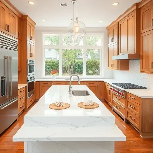 Remodeled Charleston kitchen with white marble countertops, stainless steel appliances, warm wood cabinets, mosaic backsplash, and lush backyard views