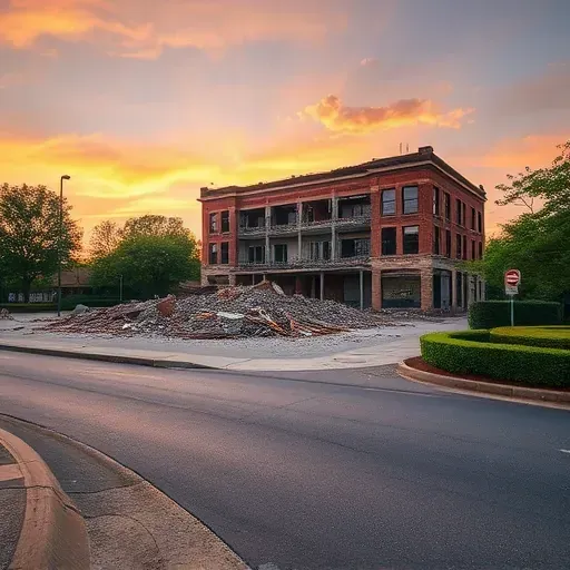 Demolition site in Florence SC with debris, asphalt ground, greenery, and sunset sky, showcasing industrial transformation.