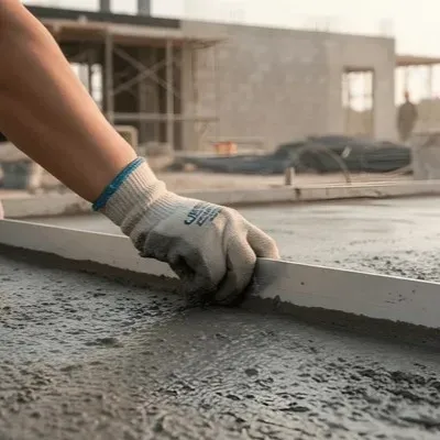 Finished concrete surface with subtle textures at Myrtle Beach construction site featuring coastal scenery, palm trees, and blue sky