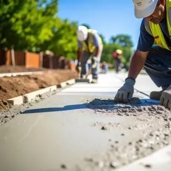 Freshly poured smooth concrete driveway with landscaped gardens outside a modern Myrtle Beach home under blue skies