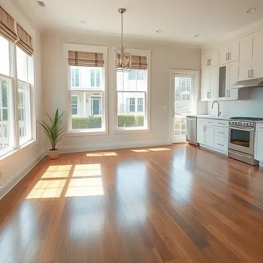 Restored Charleston SC home interior with gleaming hardwood floors, neutral walls, elegant windows, and spotless modern kitchen