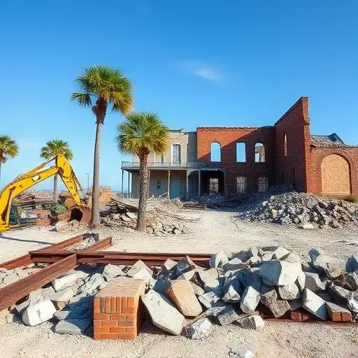 Demolition site in Port Royal SC with organized rubble, palm trees, and clear sky, showing a professional finish.