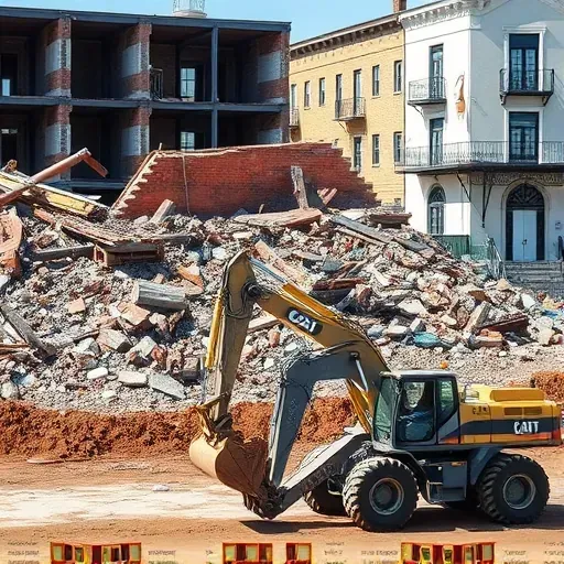 Demolition site in Charleston SC with crumbling bricks and buildings, construction equipment, and historic architecture backdrop.