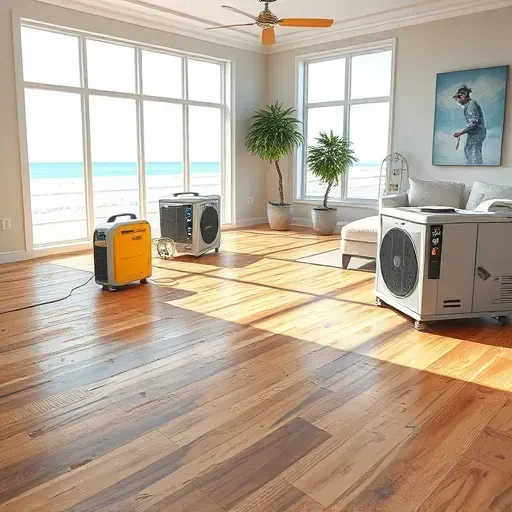 Water damage restoration in Myrtle Beach home showing dried wooden floors, new drywall, moisture meters, and bright ocean view