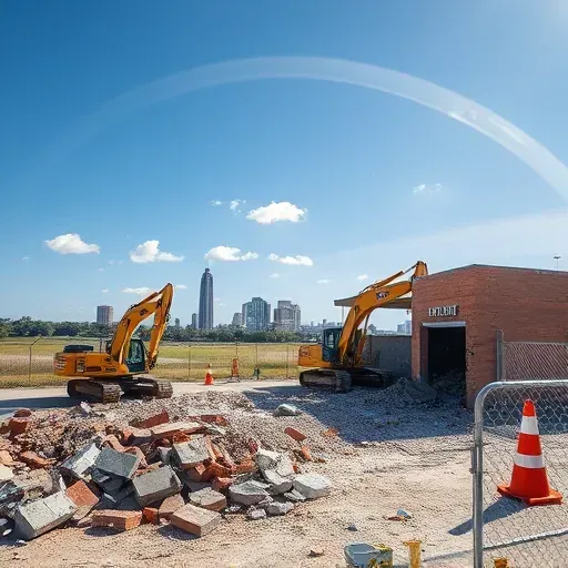 Demolition site in Florence SC with debris, machinery, safety cones, and a clear blue sky highlighting urban development.