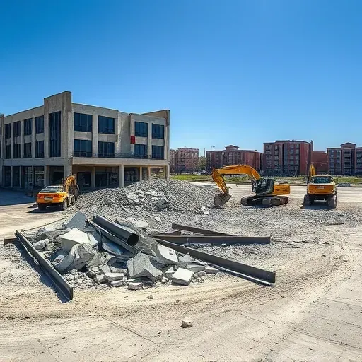 Demolition site in Florence SC featuring rubble, twisted steel, and construction equipment under a clear blue sky.