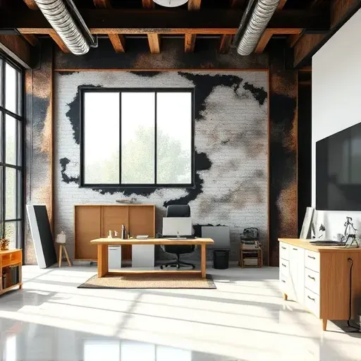 Restored fire-damaged interior with clean walls, reinforced beams, polished floors, natural light, and organized restoration tools