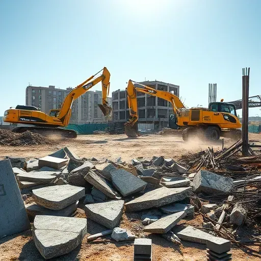 Demolition site in Port Royal SC, showcasing debris, construction materials, and equipment against a clear sky.