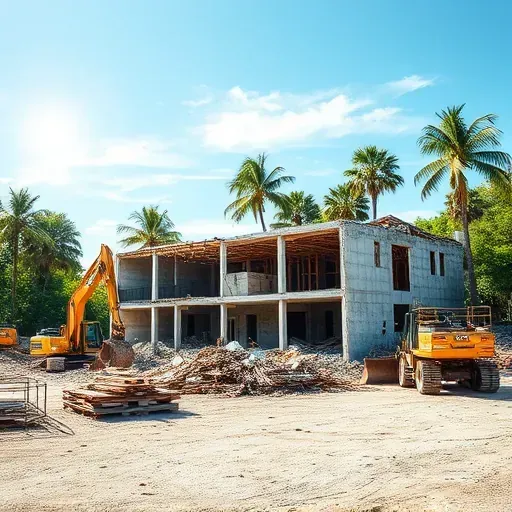 Demolition site in Hilton Head Island SC showcasing organized debris and heavy equipment against lush greenery.