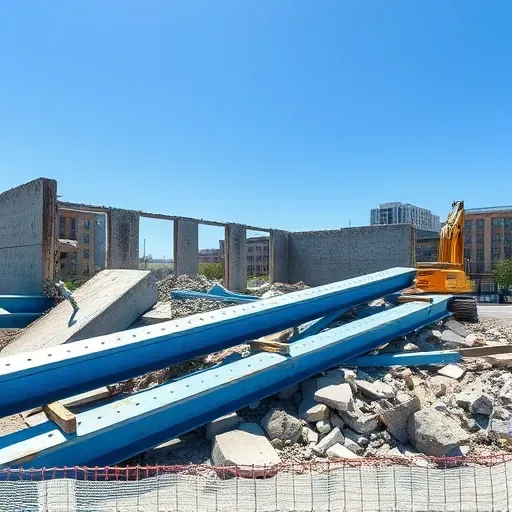 Completed demolition in West Columbia SC showing blue steel beams and concrete debris under a bright sky with heavy machinery.
