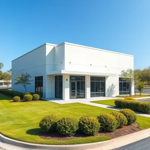 Pristine commercial building in Charleston SC after asbestos removal with clean walls windows lush landscaping and clear sky
