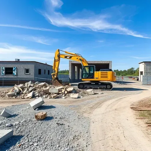 Demolition site in Simpsonville SC with cleared area, rubble, excavator, construction debris, and clear blue sky.