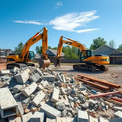 Demolition site in Summerville SC with debris, heavy equipment, blue sky, and suburban homes in the background.