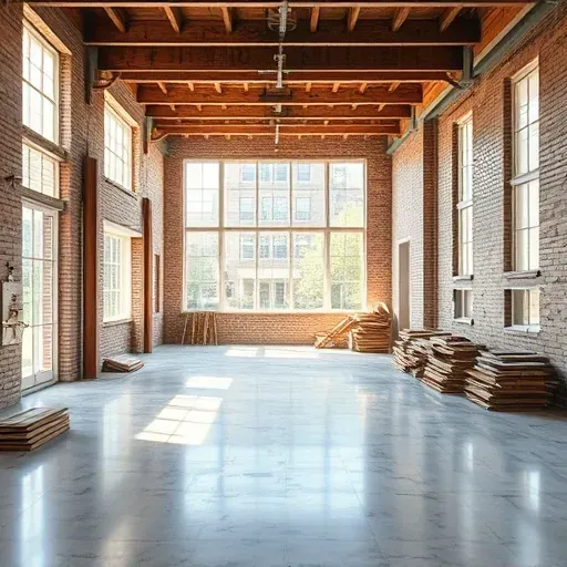 Spacious cleared Charleston interior with exposed beams brick walls polished floors debris and natural light showcasing expert demolition